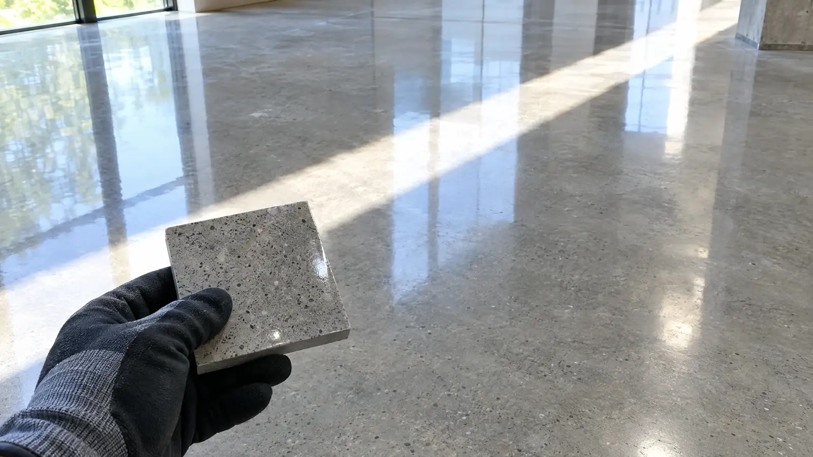 A mirror-polished concrete floor reflecting large windows