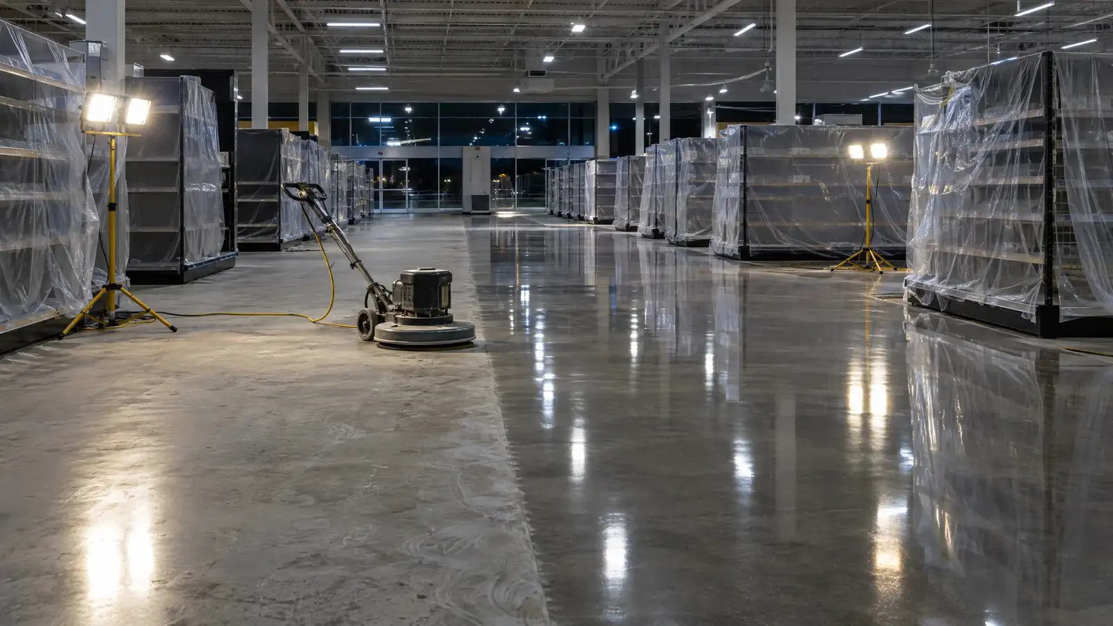 A mirror-polished concrete floor reflecting large windows